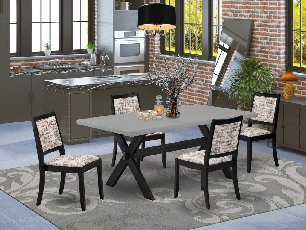 East West Furniture X697X2630-5 - 5-piece dining set consists of a kitchen table with Cement top and 4 stackable chairs with White and Gray Pattern Faux Leather - Wire-brushed Black