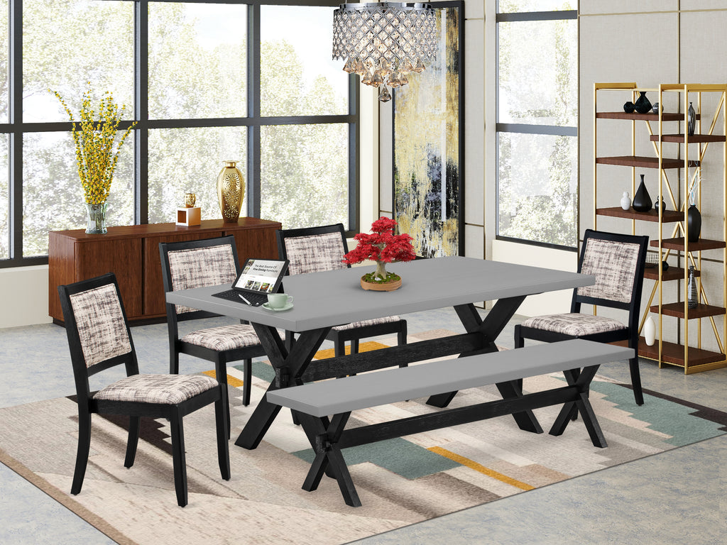 East West Furniture X697X2630-6 - 6-piece dining set consists of a dinner table and a bench with Cement top and 4 stackable chairs with White and Gray Pattern Faux Leather - Wire-brushed Black