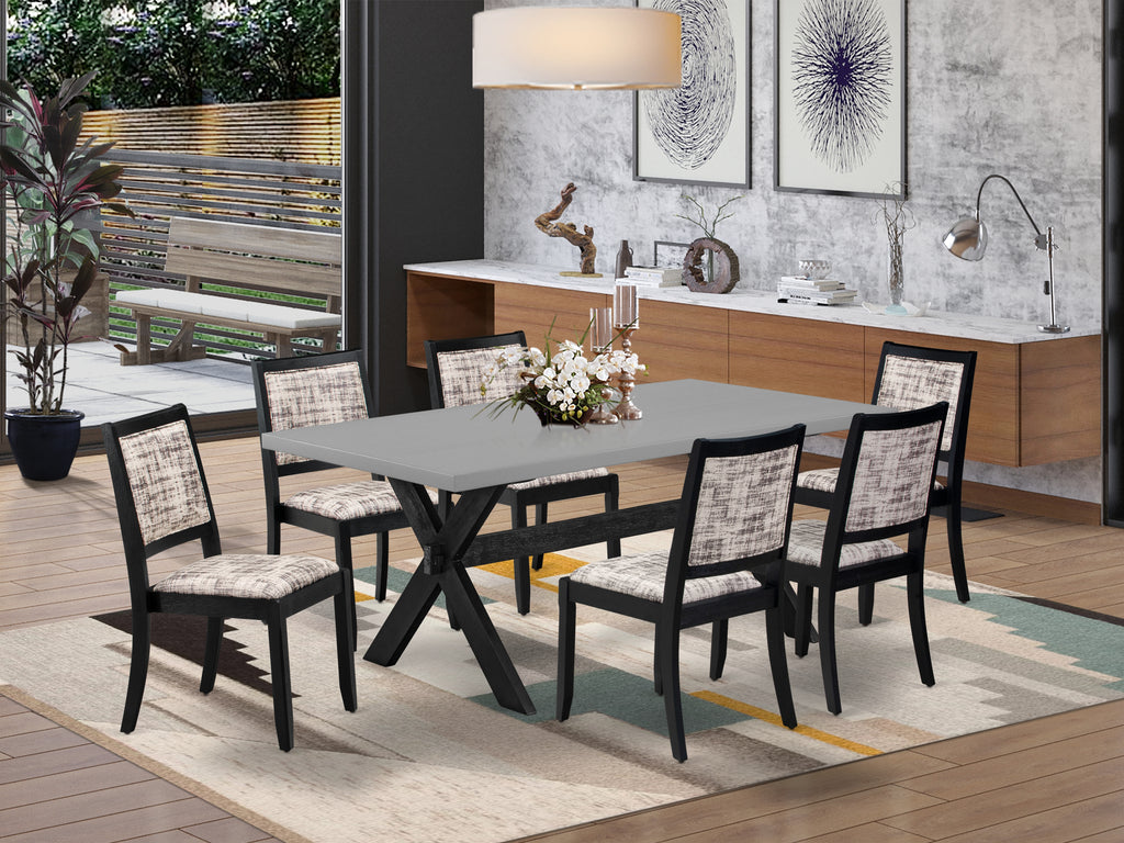 East West Furniture X697X2630-7 - 7-piece mid century kitchen set consists of a kitchen table with Cement top and 6 stackable chairs with White and Gray Pattern Faux Leather - Wire-brushed Black