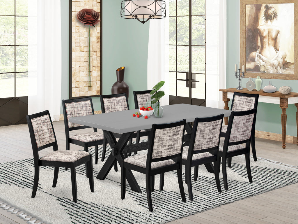 East West Furniture X697X2630-9 - 9-piece modern dining set consists of a dining table with Cement top and 8 stackable chairs with White and Gray Pattern Faux Leather - Wire-brushed Black