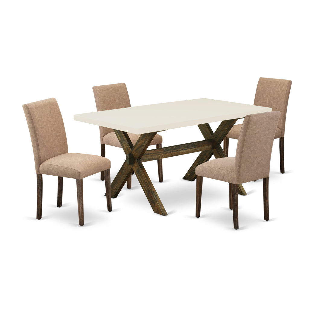 East West Furniture X726AB747-5 5 Piece Modern Dining Table Set Includes a Rectangle Wooden Table with X-Legs and 4 Light Sable Linen Fabric Upholstered Chairs