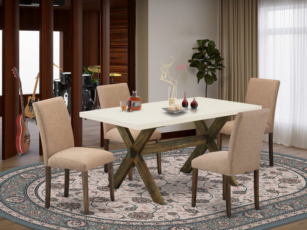 East West Furniture X726AB747-5 5 Piece Modern Dining Table Set Includes a Rectangle Wooden Table with X-Legs and 4 Light Sable Linen Fabric Upholstered Chairs