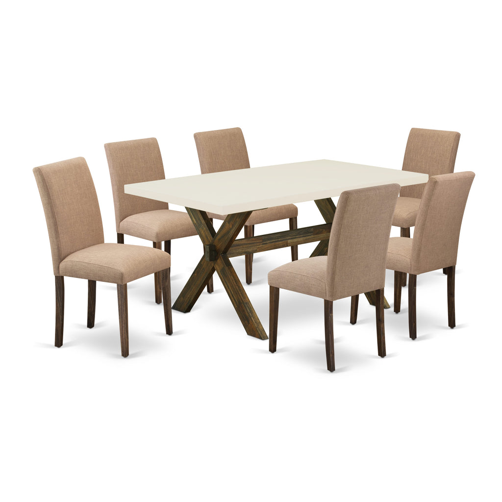 East West Furniture X726AB747-7 7 Piece Modern Dining Table Set Consist of a Rectangle Wooden Table with X-Legs and 6 Light Sable Linen Fabric Parsons Dining Chairs