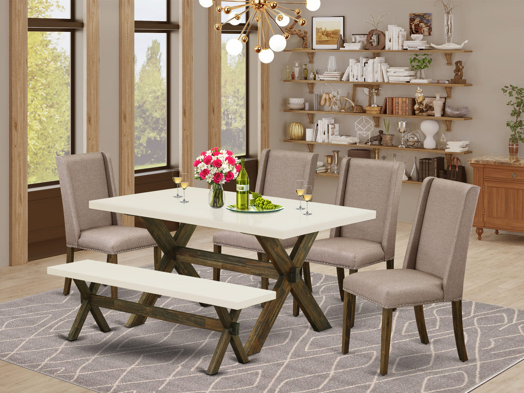 East West Furniture X726FL716-6 6 Piece Dining Table Set Contains a Rectangle Kitchen Table with X-Legs and 4 Dark Khaki Linen Fabric Parson Chairs with a Bench