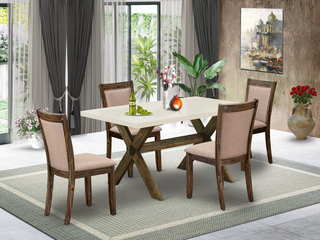 East West Furniture X726MZ716-5 5 Piece Dinette Set for 4 Includes a Rectangle Dining Room Table with X-Legs and 4 Dark Khaki Linen Fabric Parsons Dining Chairs