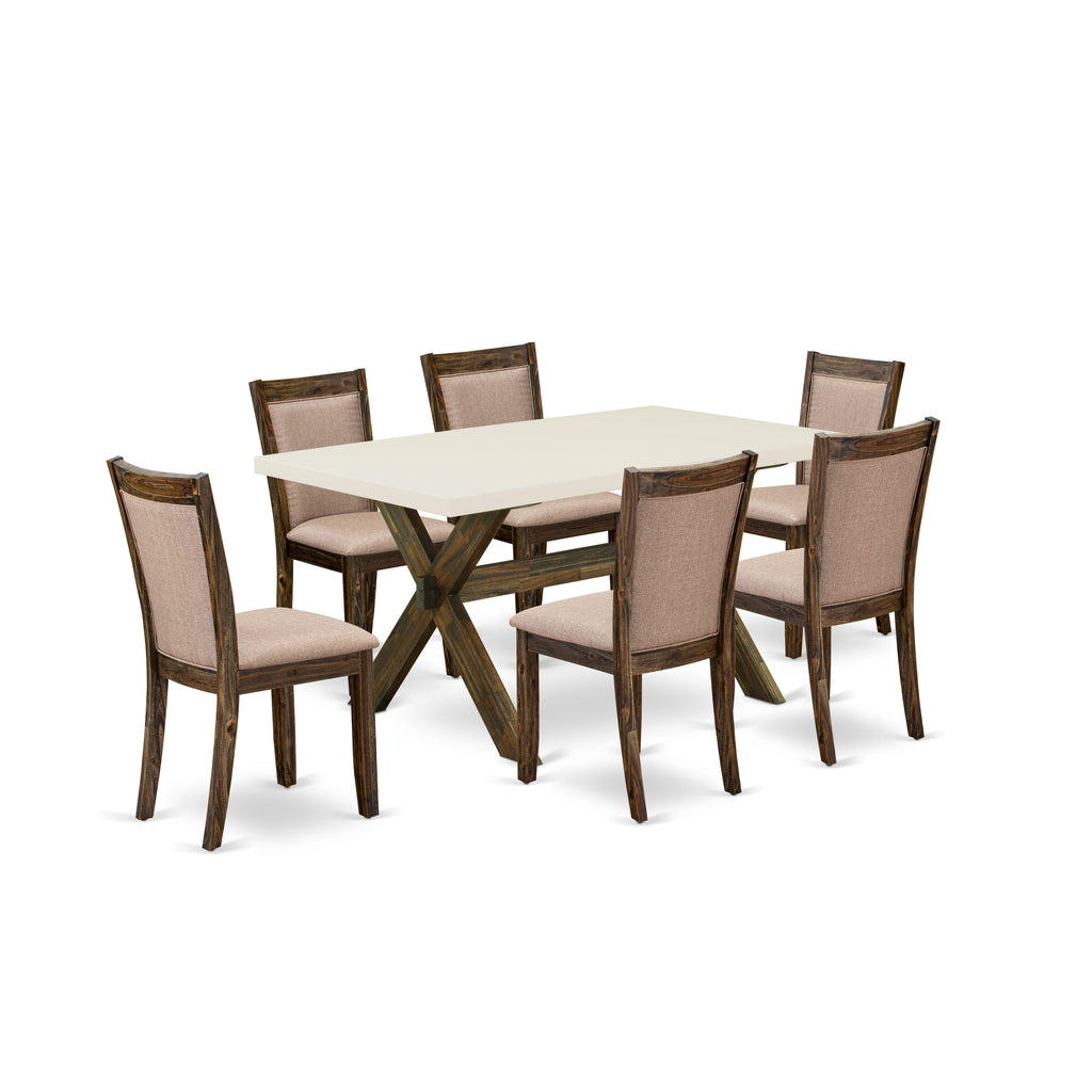 East West Furniture X726MZ716-7 7 Piece Modern Dining Table Set Consist of a Rectangle Wooden Table with X-Legs and 6 Dark Khaki Linen Fabric Parson Chairs