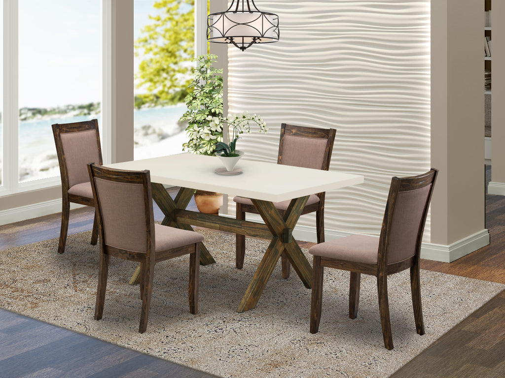 East West Furniture X726MZ748-5 5 Piece Dining Room Table Set Includes a Rectangle Dining Table with X-Legs and 4 Coffee Linen Fabric Upholstered Parson Chairs