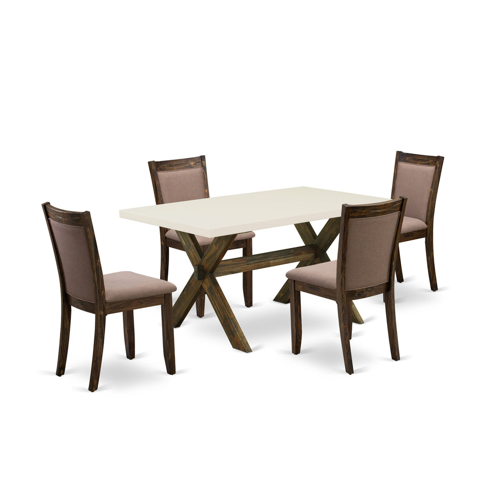 East West Furniture X726MZ748-5 5 Piece Dining Room Table Set Includes a Rectangle Dining Table with X-Legs and 4 Coffee Linen Fabric Upholstered Parson Chairs