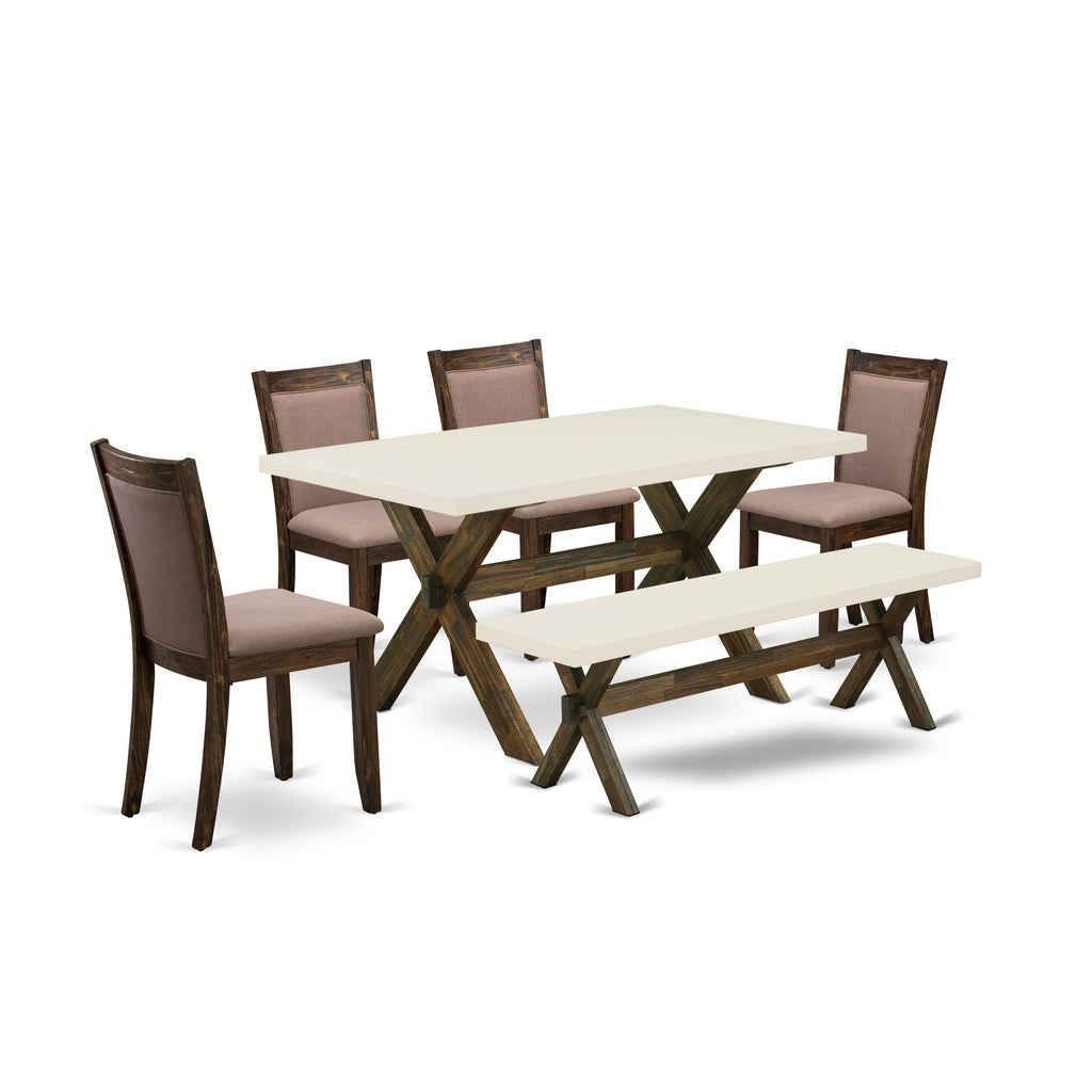 East West Furniture X726MZ748-6 6 Piece Dining Table Set Contains a Rectangle Table with X-Legs and 4 Coffee Linen Fabric Upholstered Chairs with a Bench