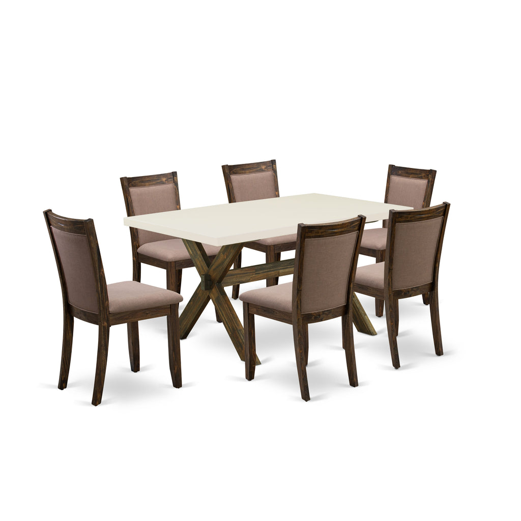 East West Furniture X726MZ748-7 7 Piece Dinette Set Consist of a Rectangle Dining Room Table with X-Legs and 6 Coffee Linen Fabric Parsons Dining Chairs