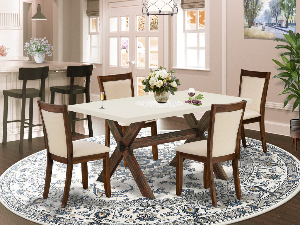 East West Furniture X726MZN32-5 5 Piece Kitchen Table Set for 4 Includes a Rectangle Dining Room Table with X-Legs and 4 Light Beige Linen Fabric Upholstered Chairs