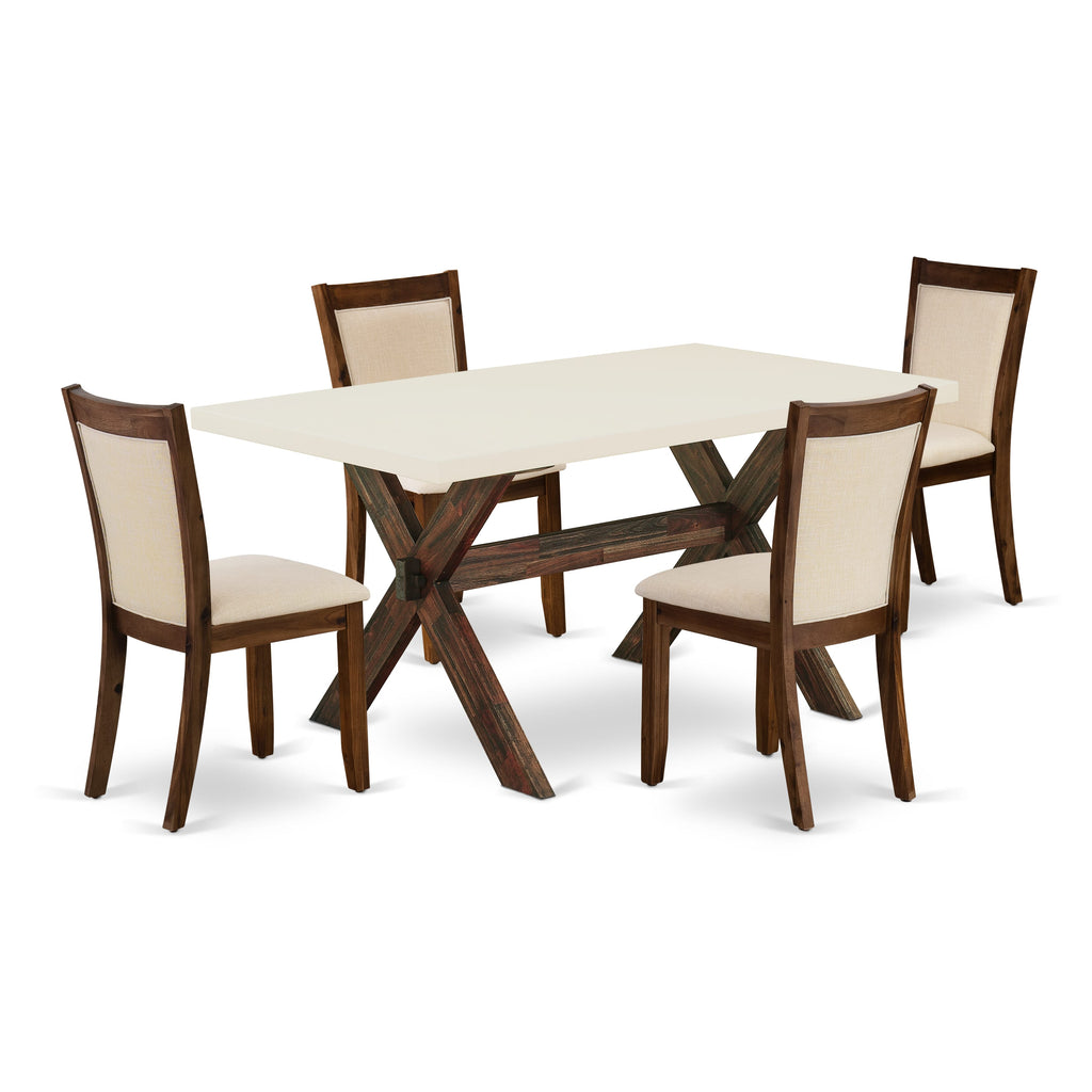 East West Furniture X726MZN32-5 5 Piece Kitchen Table Set for 4 Includes a Rectangle Dining Room Table with X-Legs and 4 Light Beige Linen Fabric Upholstered Chairs