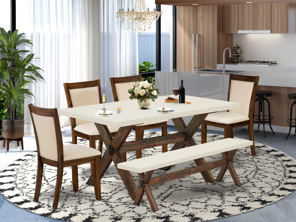 East West Furniture X726MZN32-6 6 Piece Kitchen Table Set Contains a Rectangle Dining Table with X-Legs and 4 Light Beige Linen Fabric Parson Chairs with a Bench