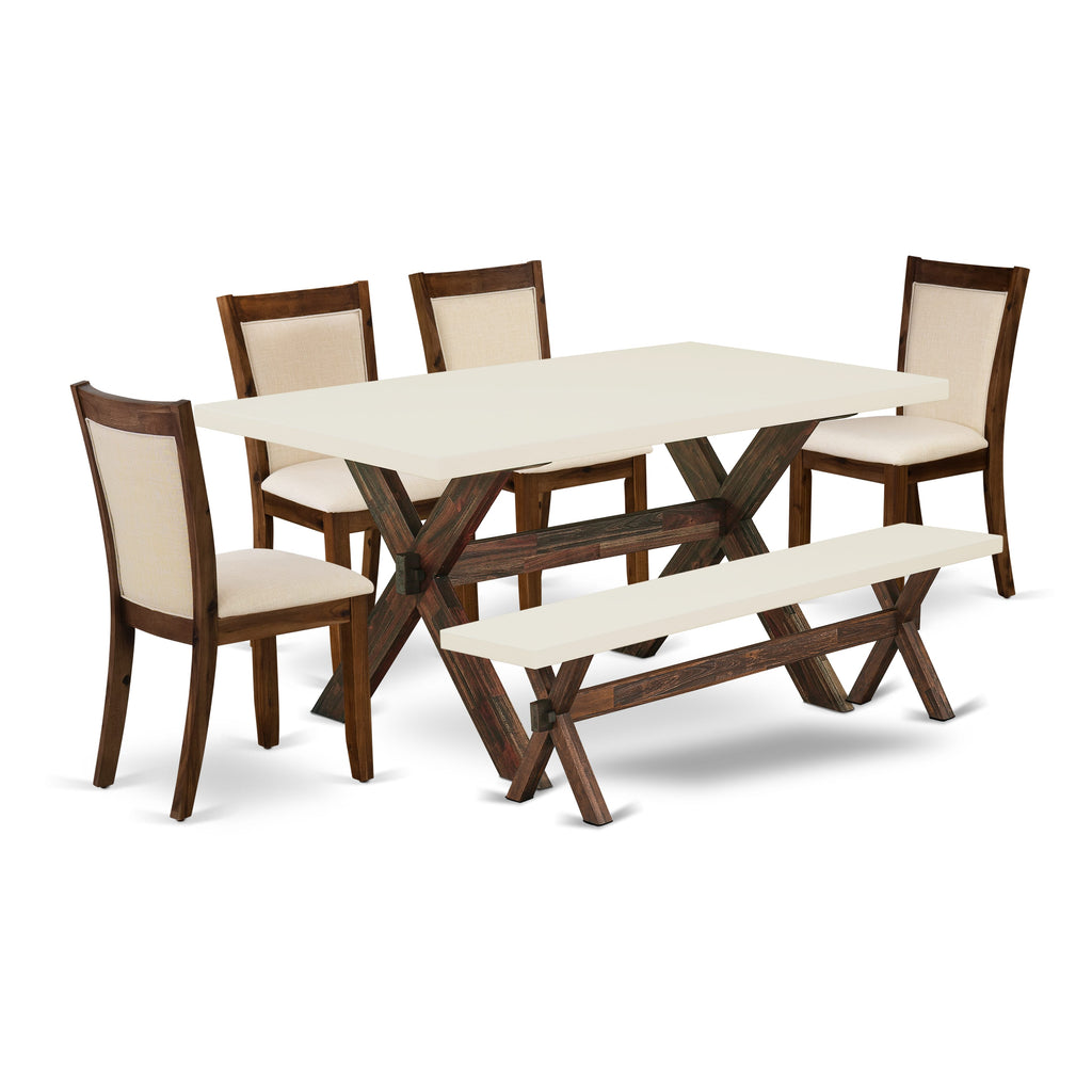 East West Furniture X726MZN32-6 6 Piece Kitchen Table Set Contains a Rectangle Dining Table with X-Legs and 4 Light Beige Linen Fabric Parson Chairs with a Bench