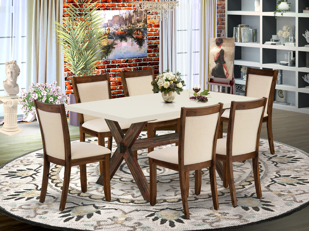 East West Furniture X726MZN32-7 7 Piece Dining Room Table Set Consist of a Rectangle Dining Table with X-Legs and 6 Light Beige Linen Fabric Upholstered Chairs