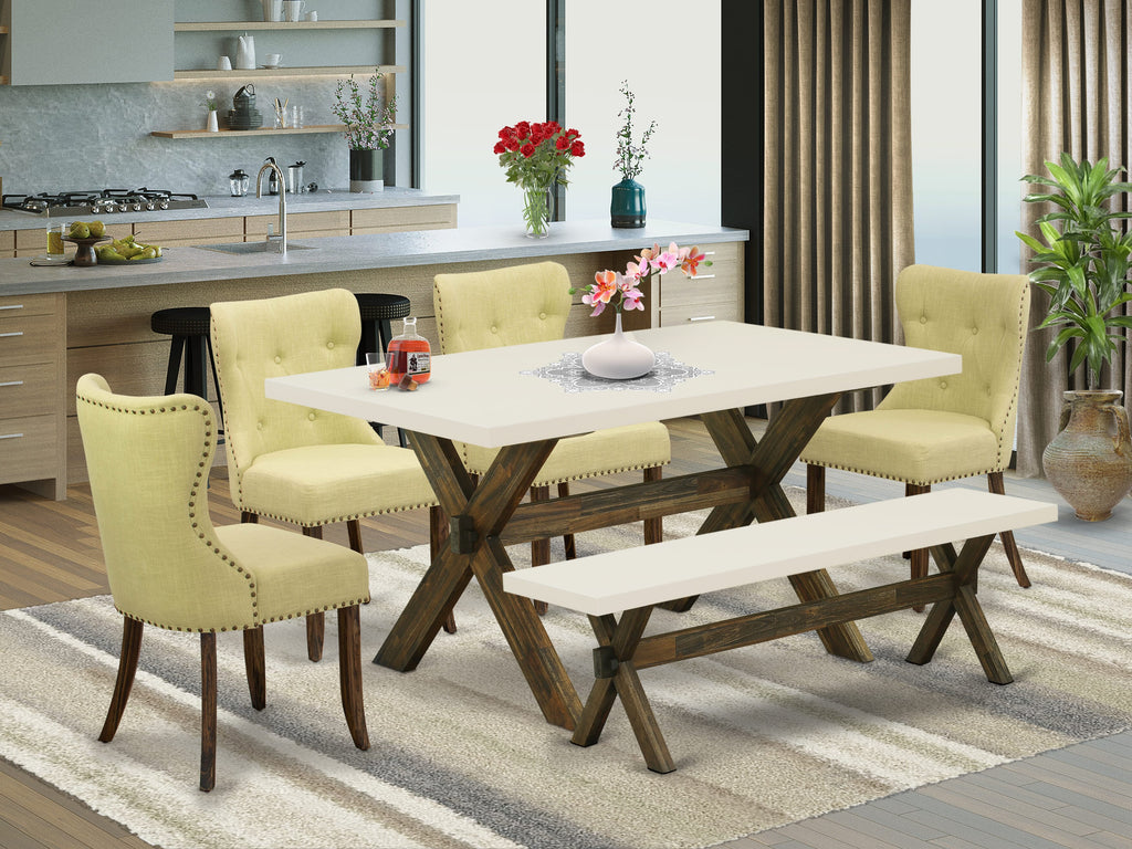 East West Furniture X726SI737-6 6 Piece Dining Table Set Contains a Rectangle Dining Room Table and 4 Limelight Linen Fabric Parson Chairs with a Bench