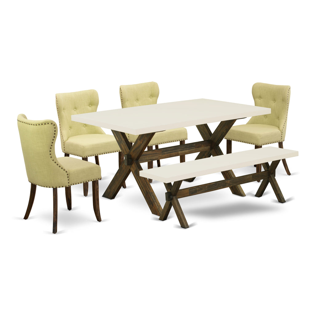 East West Furniture X726SI737-6 6 Piece Dining Table Set Contains a Rectangle Dining Room Table and 4 Limelight Linen Fabric Parson Chairs with a Bench