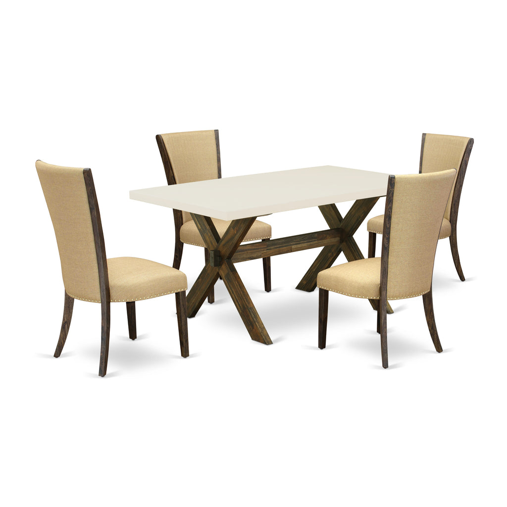 East West Furniture X726VE703-5 5 Piece Dinette Set for 4 Includes a Rectangle Dining Table with X-Legs and 4 Brown Linen Fabric Parson Dining Room Chairs