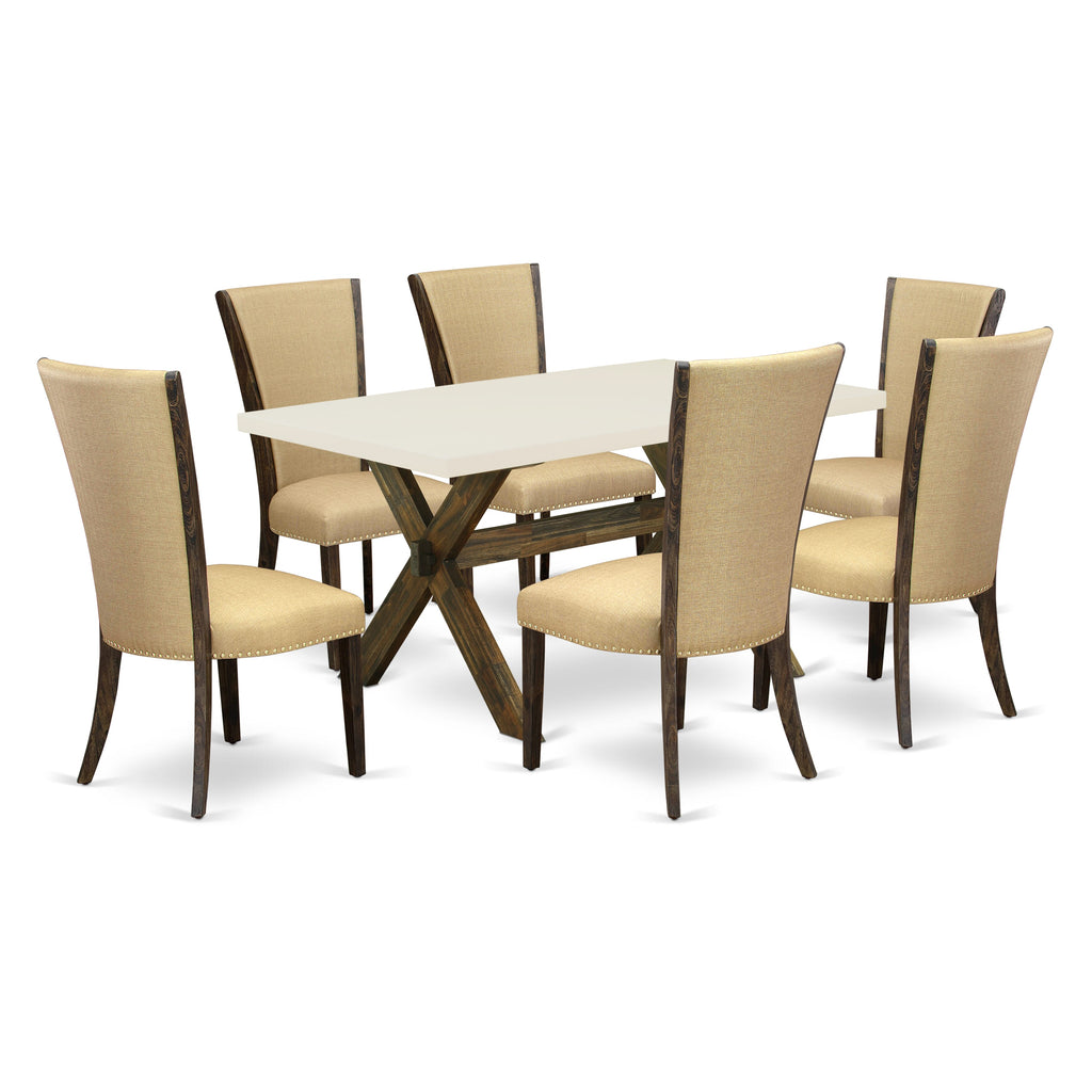 East West Furniture X726VE703-7 7 Piece Kitchen Table Set Consist of a Rectangle Dining Table with X-Legs and 6 Brown Linen Fabric Parsons Dining Chairs