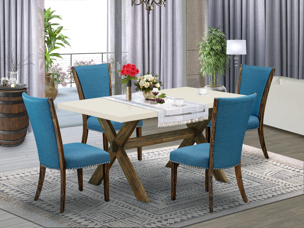 East West Furniture X726VE721-5 5 Piece Dining Set Includes a Rectangle Dining Room Table with X-Legs and 4 Blue Color Linen Fabric Upholstered Parson Chairs