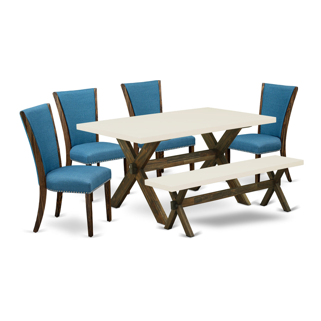 East West Furniture X726VE721-6 6 Piece Dining Table Set Contains a Rectangle Dining Room Table and 4 Blue Color Linen Fabric Upholstered Chairs with a Bench