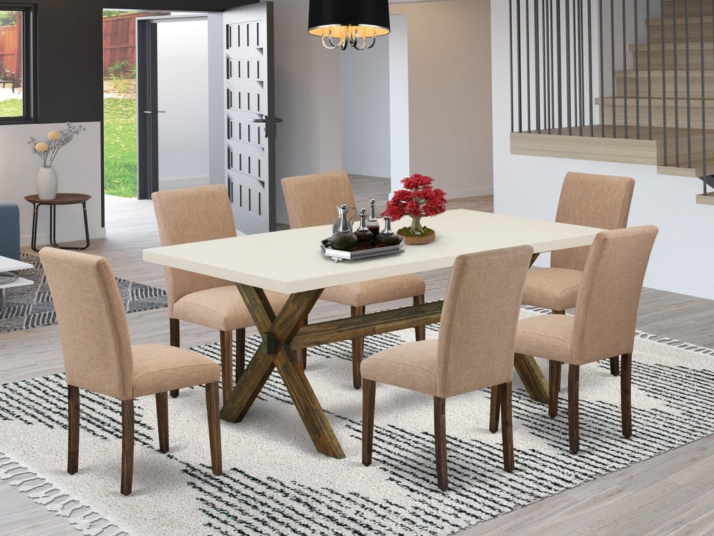 East West Furniture X727AB747-7 7 Piece Dining Room Furniture Set Consist of a Rectangle Dining Table with X-Legs and 6 Light Sable Linen Fabric Parson Chairs, 40x72 Inch, Multi-Color