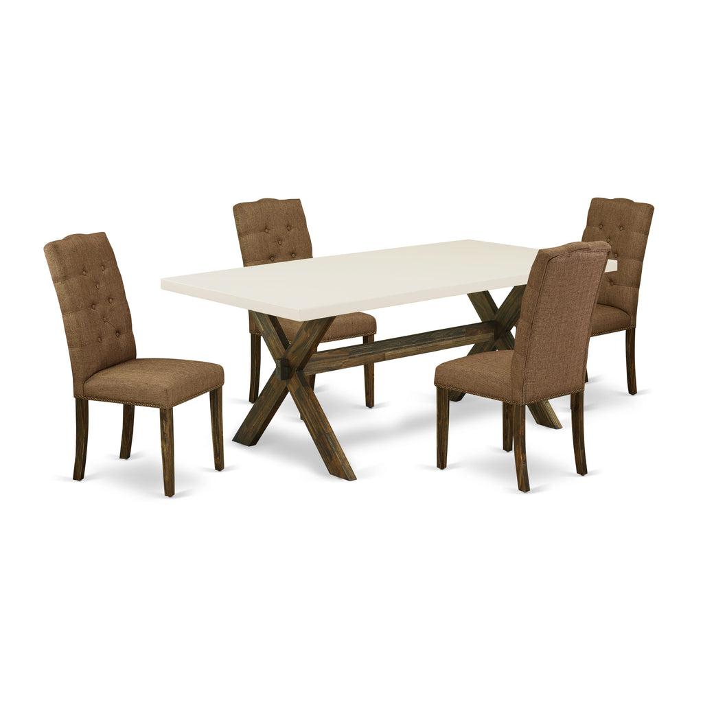 East West Furniture X727EL718-5 5 Piece Dinette Set for 4 Includes a Rectangle Dining Room Table with X-Legs and 4 Brown Linen Linen Fabric Parson Dining Chairs