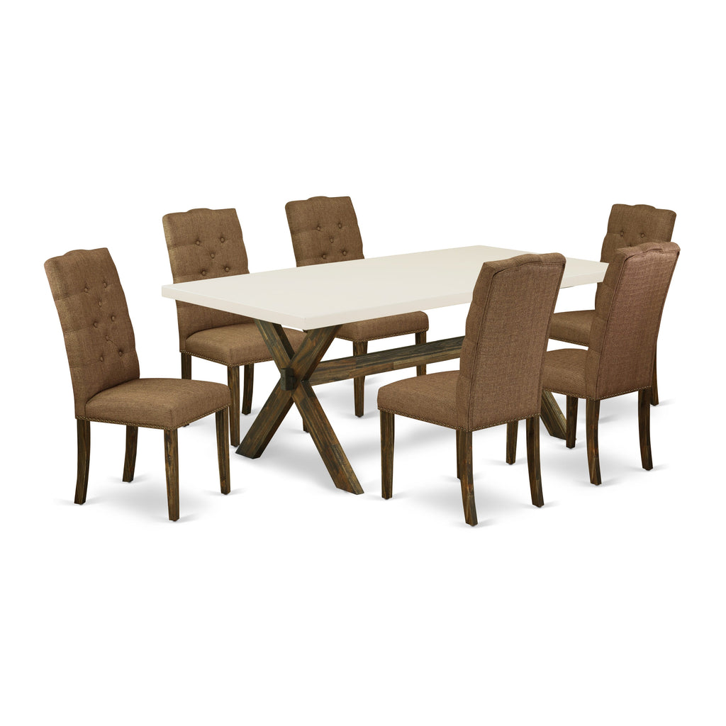 East West Furniture X727EL718-7 7 Piece Dining Table Set Consist of a Rectangle Dining Room Table with X-Legs and 6 Brown Linen Linen Fabric Upholstered Chairs