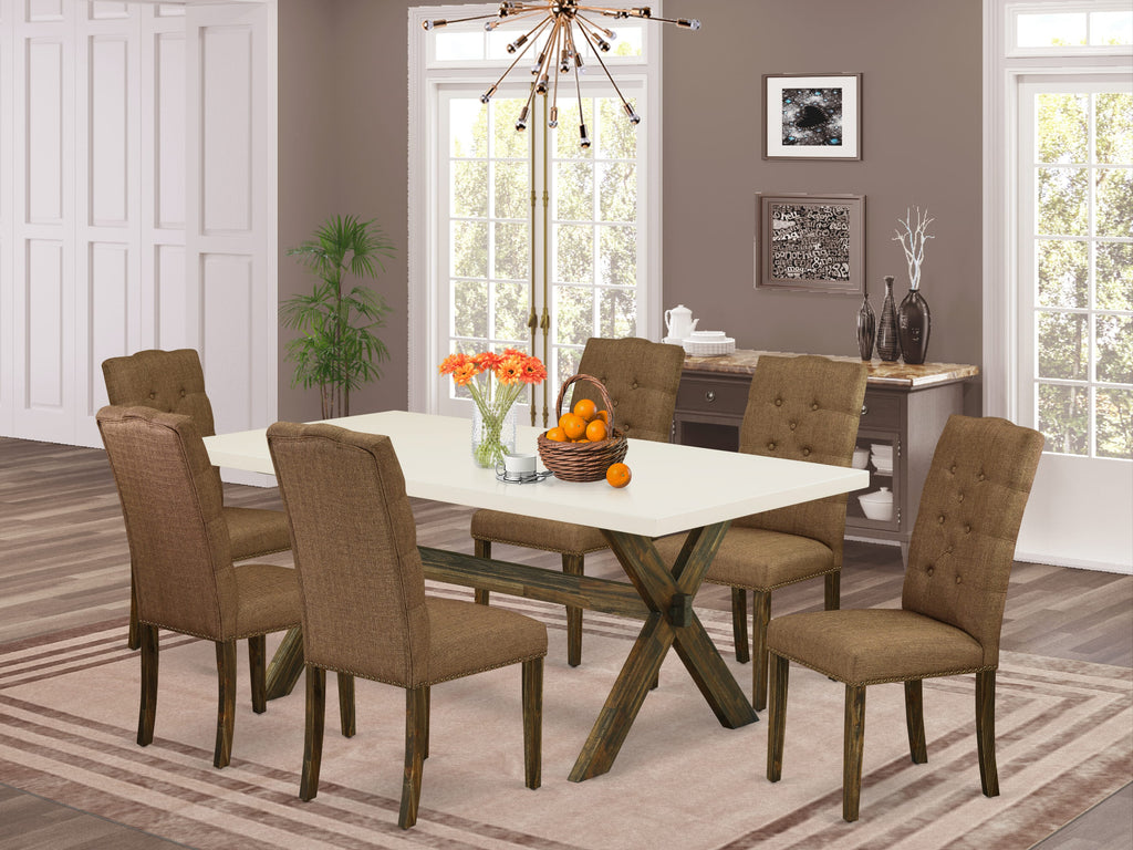 East West Furniture X727EL718-7 7 Piece Dining Table Set Consist of a Rectangle Dining Room Table with X-Legs and 6 Brown Linen Linen Fabric Upholstered Chairs