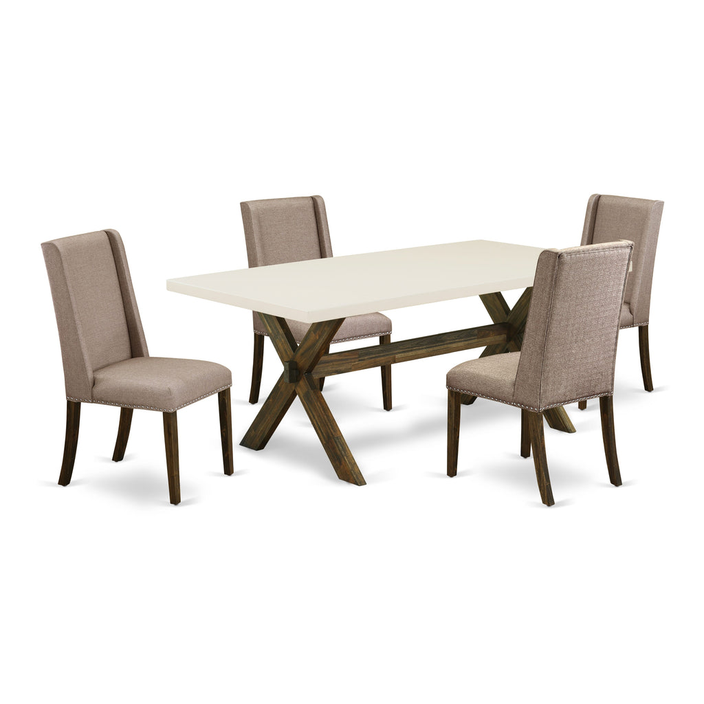 East West Furniture X727FL716-5 5 Piece Dining Set Includes a Rectangle Dining Room Table with X-Legs and 4 Dark Khaki Linen Fabric Upholstered Parson Chairs, 40x72 Inch, Multi-Color