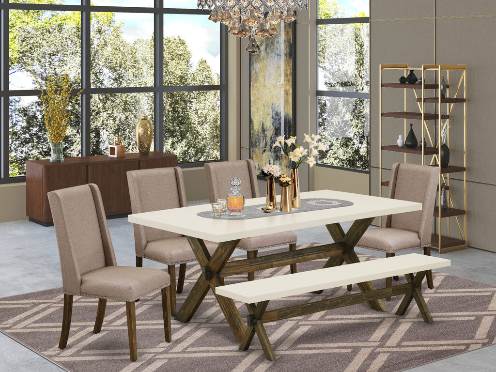 East West Furniture X727FL716-6 6 Piece Dining Set Contains a Rectangle Dining Room Table with X-Legs and 4 Dark Khaki Linen Fabric Parson Chairs with a Bench, 40x72 Inch, Multi-Color