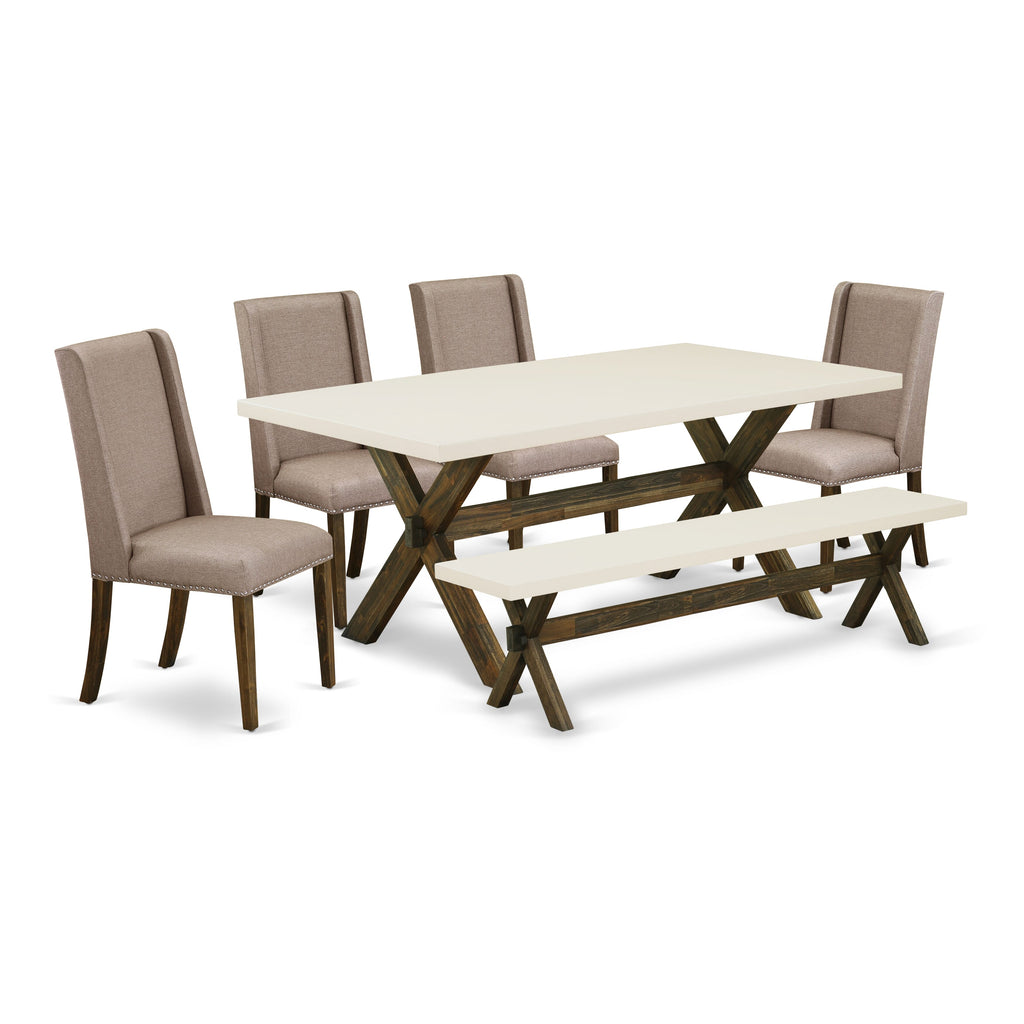 East West Furniture X727FL716-6 6 Piece Dining Set Contains a Rectangle Dining Room Table with X-Legs and 4 Dark Khaki Linen Fabric Parson Chairs with a Bench, 40x72 Inch, Multi-Color