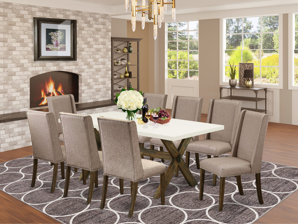 East West Furniture X727FL716-9 9 Piece Modern Dining Table Set Includes a Rectangle Wooden Table with X-Legs and 8 Dark Khaki Linen Fabric Parsons Dining Chairs, 40x72 Inch, Multi-Color