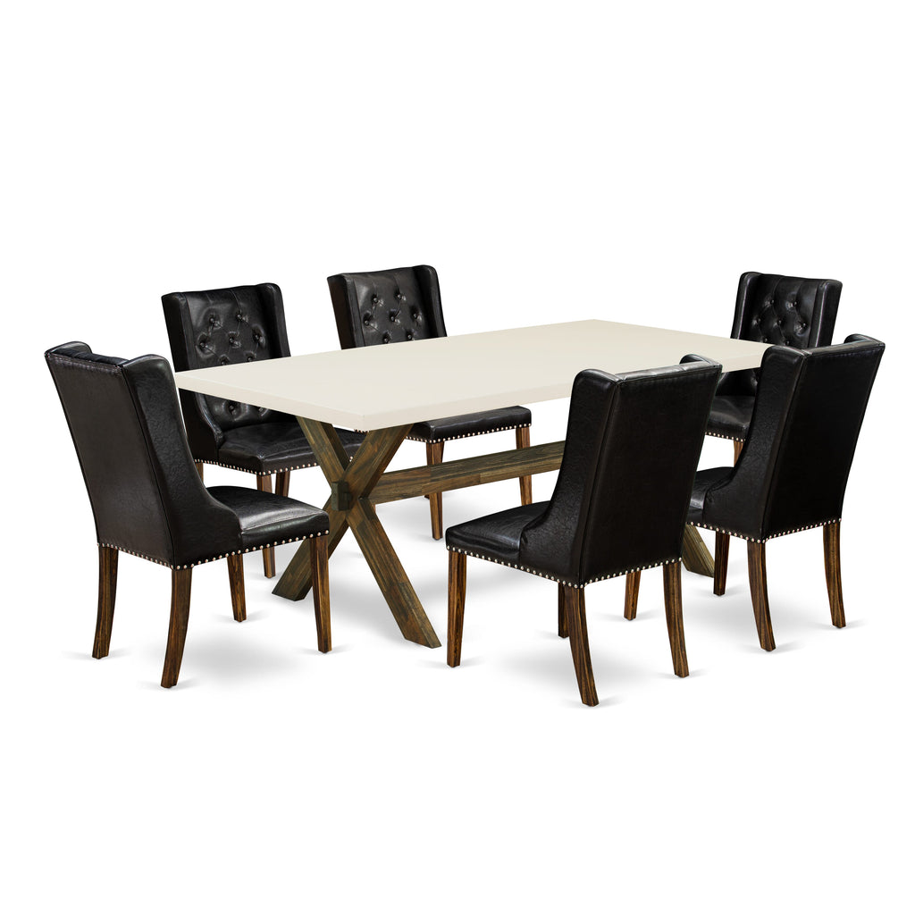 East West Furniture X727FO749-7 7 Piece Dining Set Consist of a Rectangle Dining Room Table with X-Legs and 6 Black Faux Leather Upholstered Parson Chairs, 40x72 Inch, Multi-Color