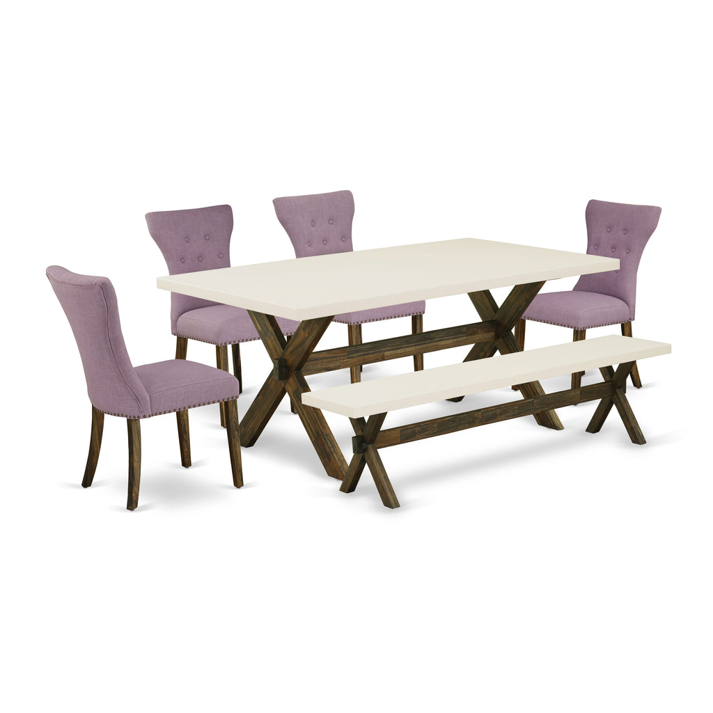 East West Furniture X727GA740-6 6 Piece Dining Set Contains a Rectangle Dining Room Table with X-Legs and 4 Dahlia Linen Fabric Parson Chairs with a Bench, 40x72 Inch, Multi-Color