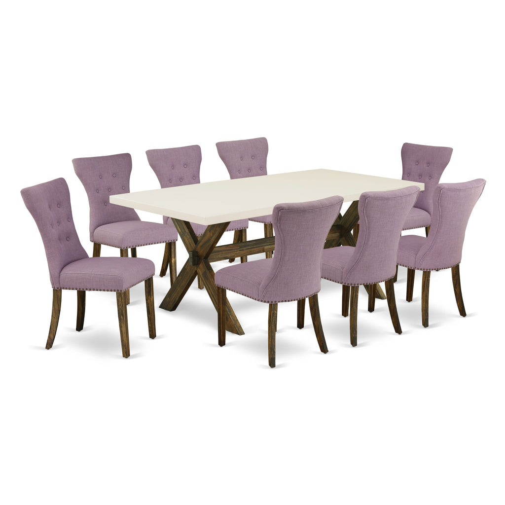 East West Furniture X727GA740-9 9 Piece Kitchen Table Set Includes a Rectangle Dining Table with X-Legs and 8 Dahlia Linen Fabric Parson Dining Room Chairs, 40x72 Inch, Multi-Color