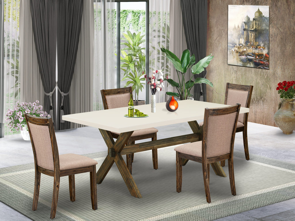 East West Furniture X727MZ716-5 5 Piece Modern Dining Table Set Includes a Rectangle Wooden Table with X-Legs and 4 Dark Khaki Linen Fabric Parson Dining Chairs