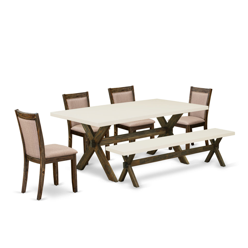 East West Furniture X727MZ716-6 6 Piece Dinette Set Contains a Rectangle Dining Table with X-Legs and 4 Dark Khaki Linen Fabric Parson Chairs with a Bench