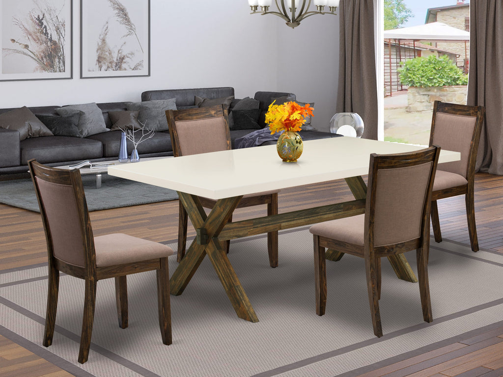 East West Furniture X727MZ748-5 5 Piece Dining Room Furniture Set Includes a Rectangle Dining Table with X-Legs and 4 Coffee Linen Fabric Upholstered Chairs