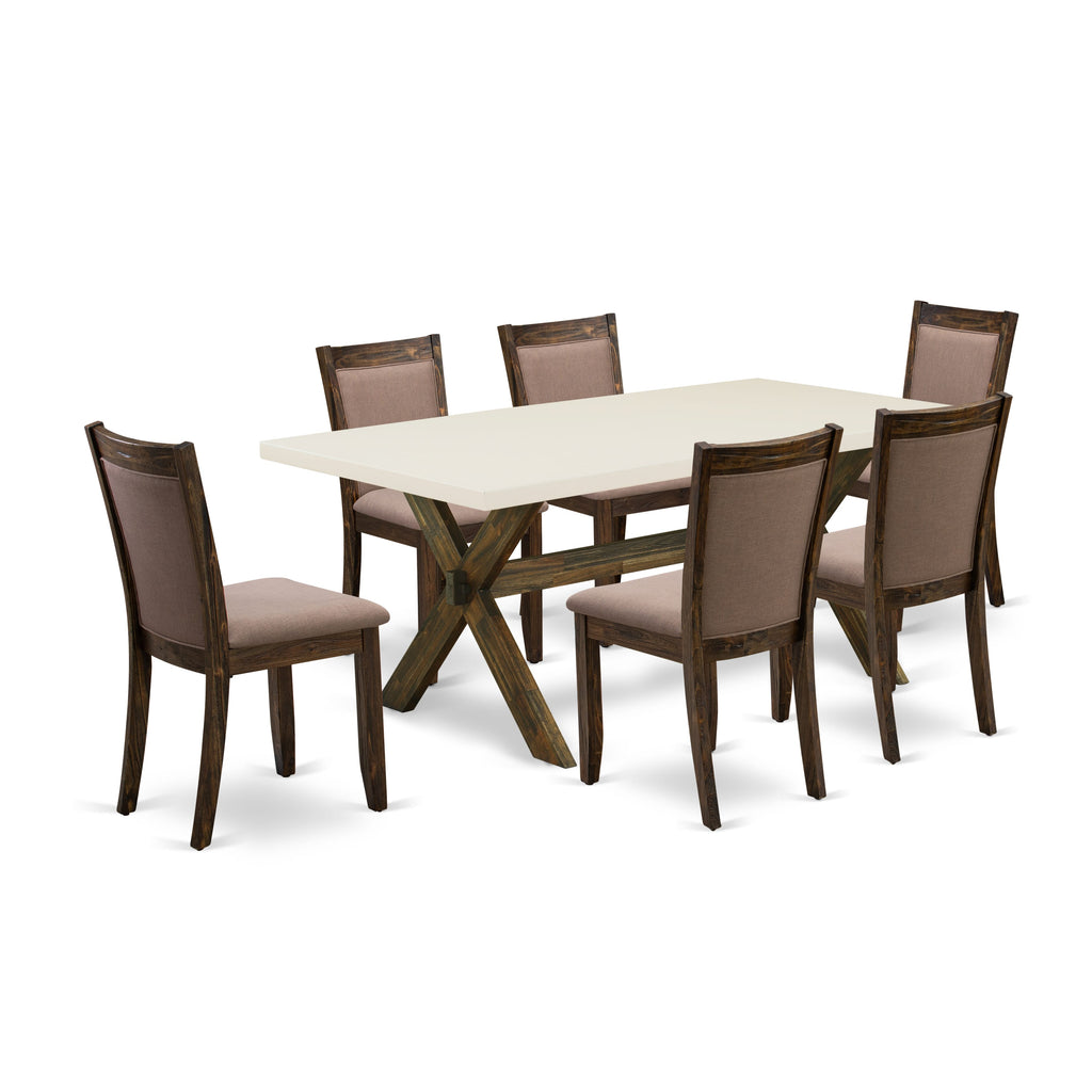 East West Furniture X727MZ748-7 7 Piece Dining Table Set Consist of a Rectangle Dining Room Table with X-Legs and 6 Coffee Linen Fabric Upholstered Chairs