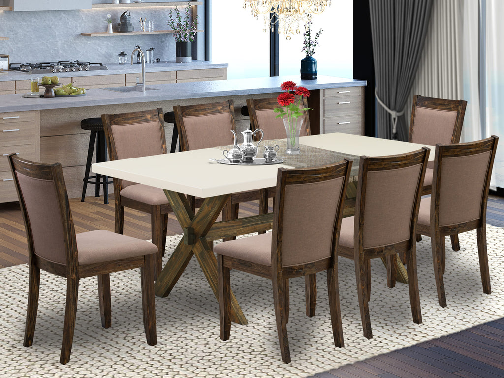 East West Furniture X727MZ748-9 9 Piece Dining Table Set Includes a Rectangle Dining Room Table with X-Legs and 8 Coffee Linen Fabric Upholstered Chairs