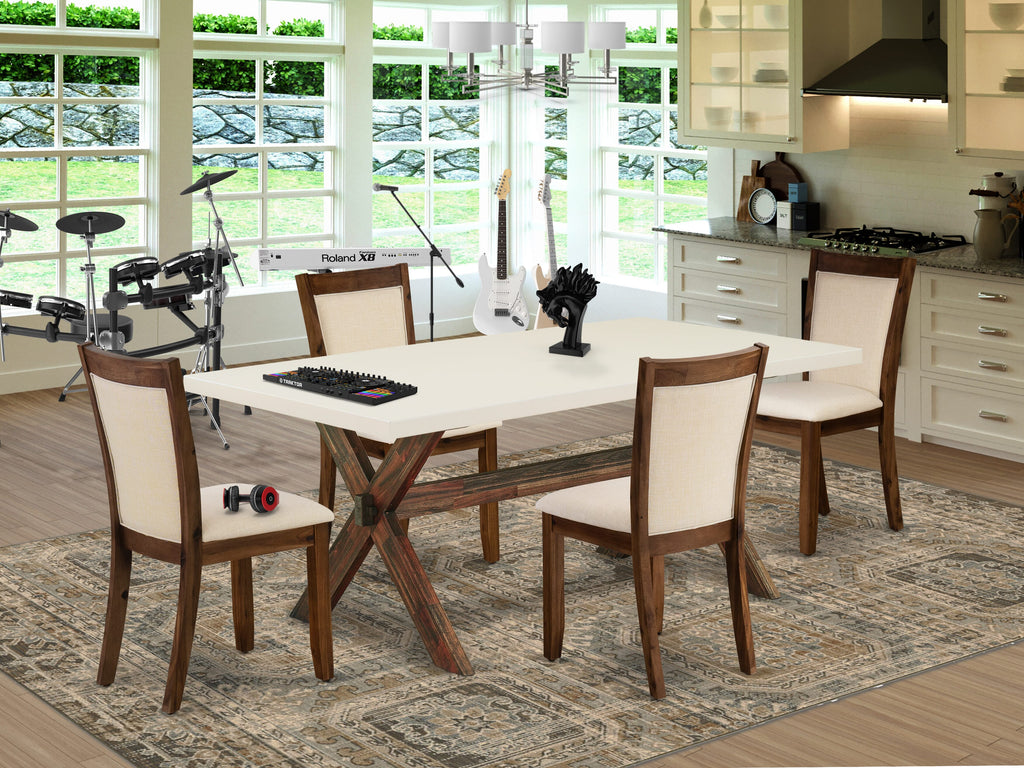 East West Furniture X727MZN32-5 5 Piece Dining Room Furniture Set Includes a Rectangle Dining Table with X-Legs and 4 Light Beige Linen Fabric Upholstered Chairs