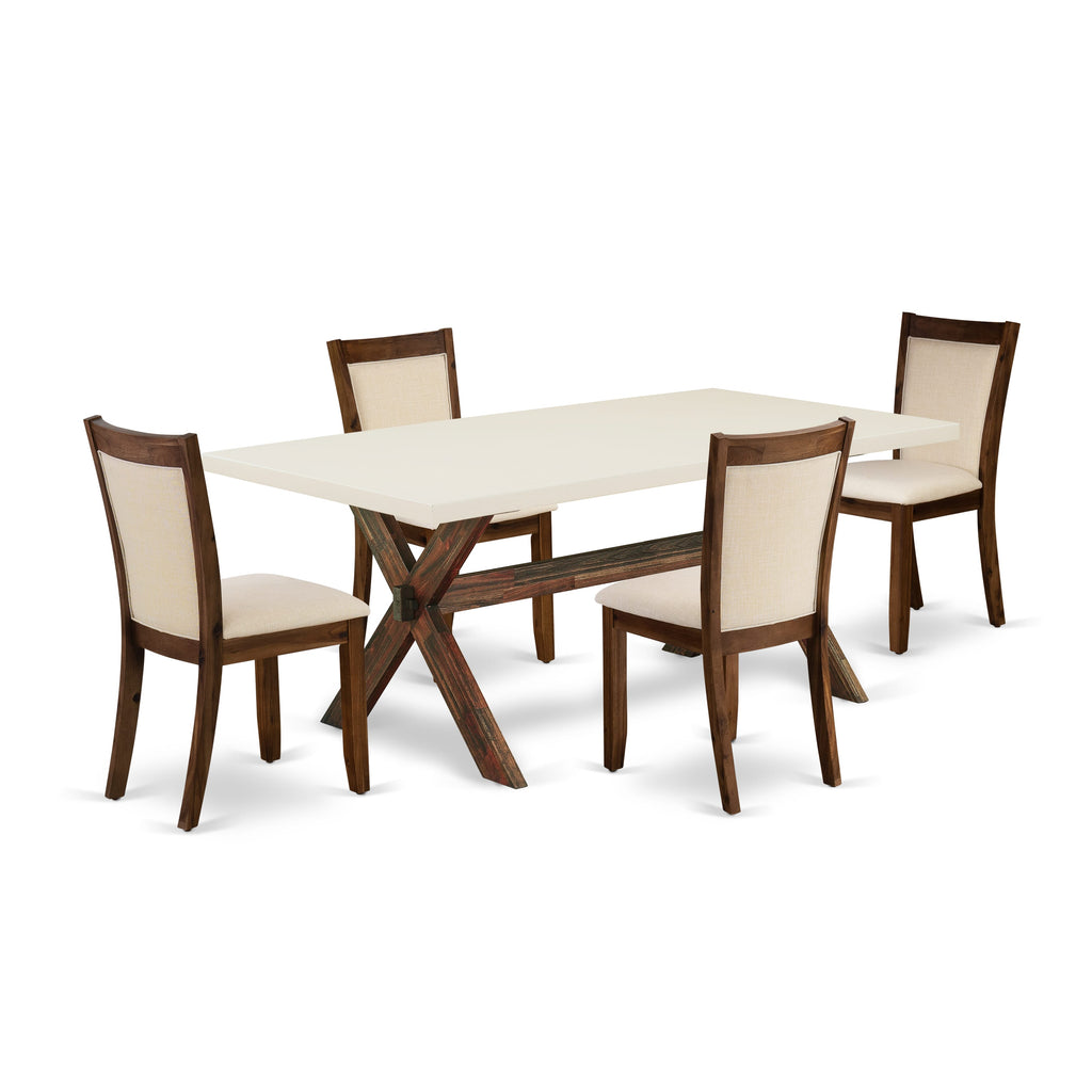 East West Furniture X727MZN32-5 5 Piece Dining Room Furniture Set Includes a Rectangle Dining Table with X-Legs and 4 Light Beige Linen Fabric Upholstered Chairs