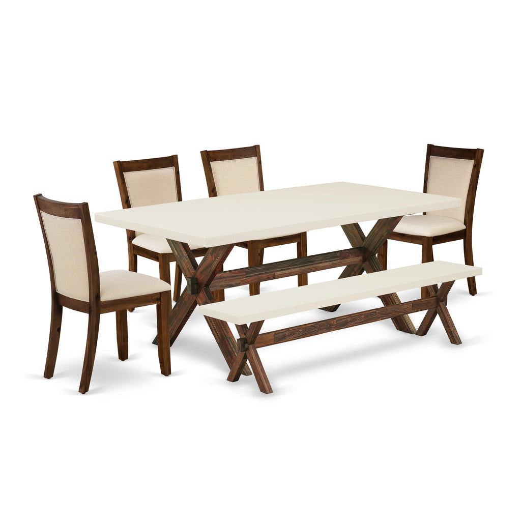 East West Furniture X727MZN32-6 6 Piece Kitchen Table Set Contains a Rectangle Dining Table with X-Legs and 4 Light Beige Linen Fabric Parson Chairs with a Bench