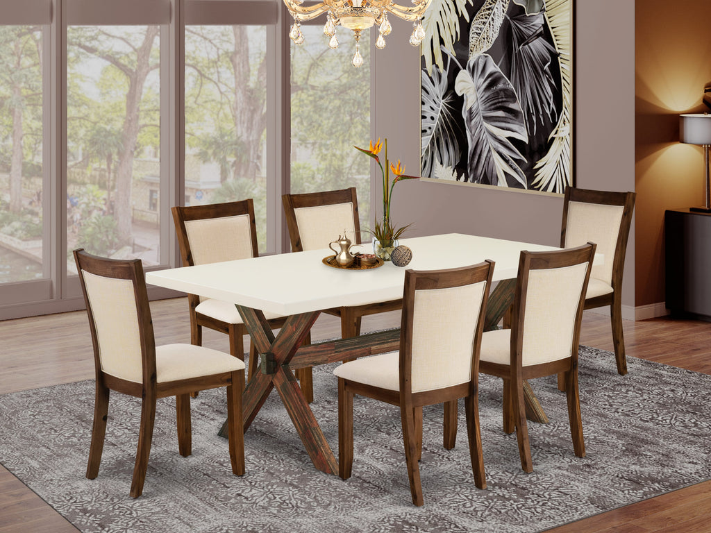 East West Furniture X727MZN32-7 7 Piece Modern Dining Table Set Consist of a Rectangle Wooden Table with X-Legs and 6 Light Beige Linen Fabric Upholstered Chairs