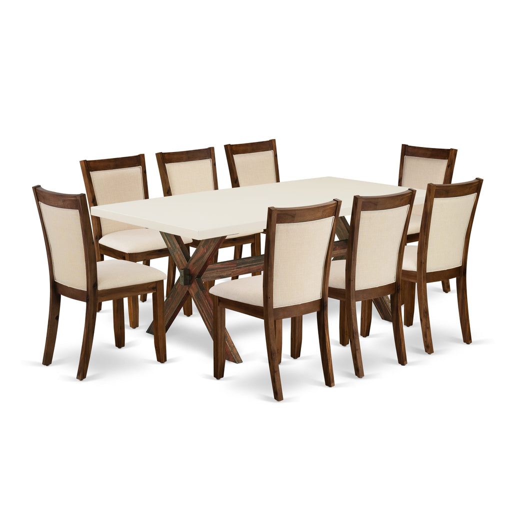 East West Furniture X727MZN32-9 9 Piece Dining Room Furniture Set Includes a Rectangle Dining Table with X-Legs and 8 Light Beige Linen Fabric Parsons Chairs