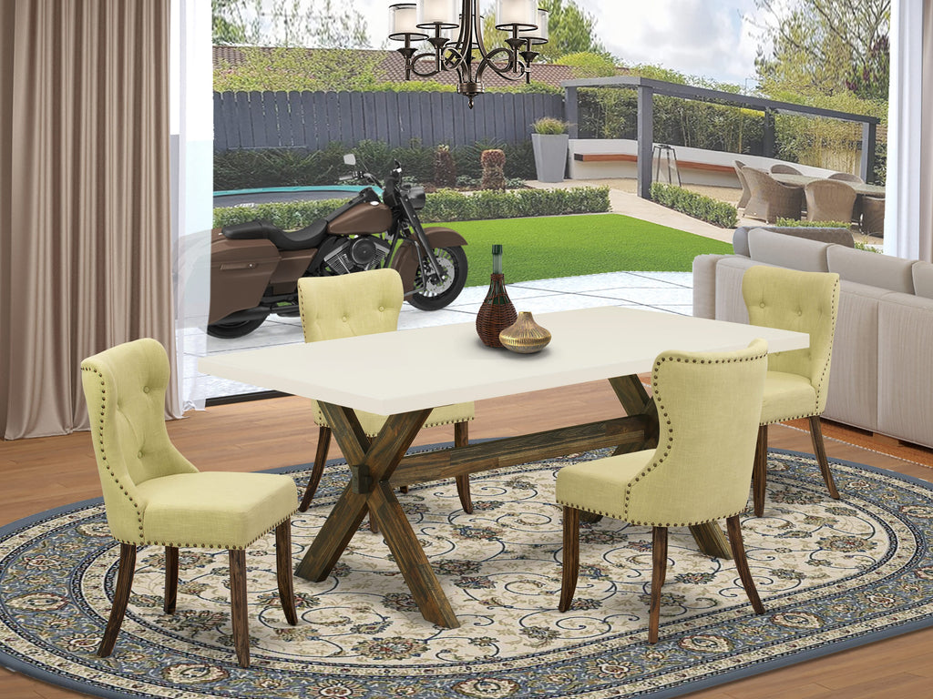 East West Furniture X727SI737-5 5 Piece Modern Dining Table Set Includes a Rectangle Wooden Table with X-Legs and 4 Limelight Linen Fabric Parson Dining Chairs