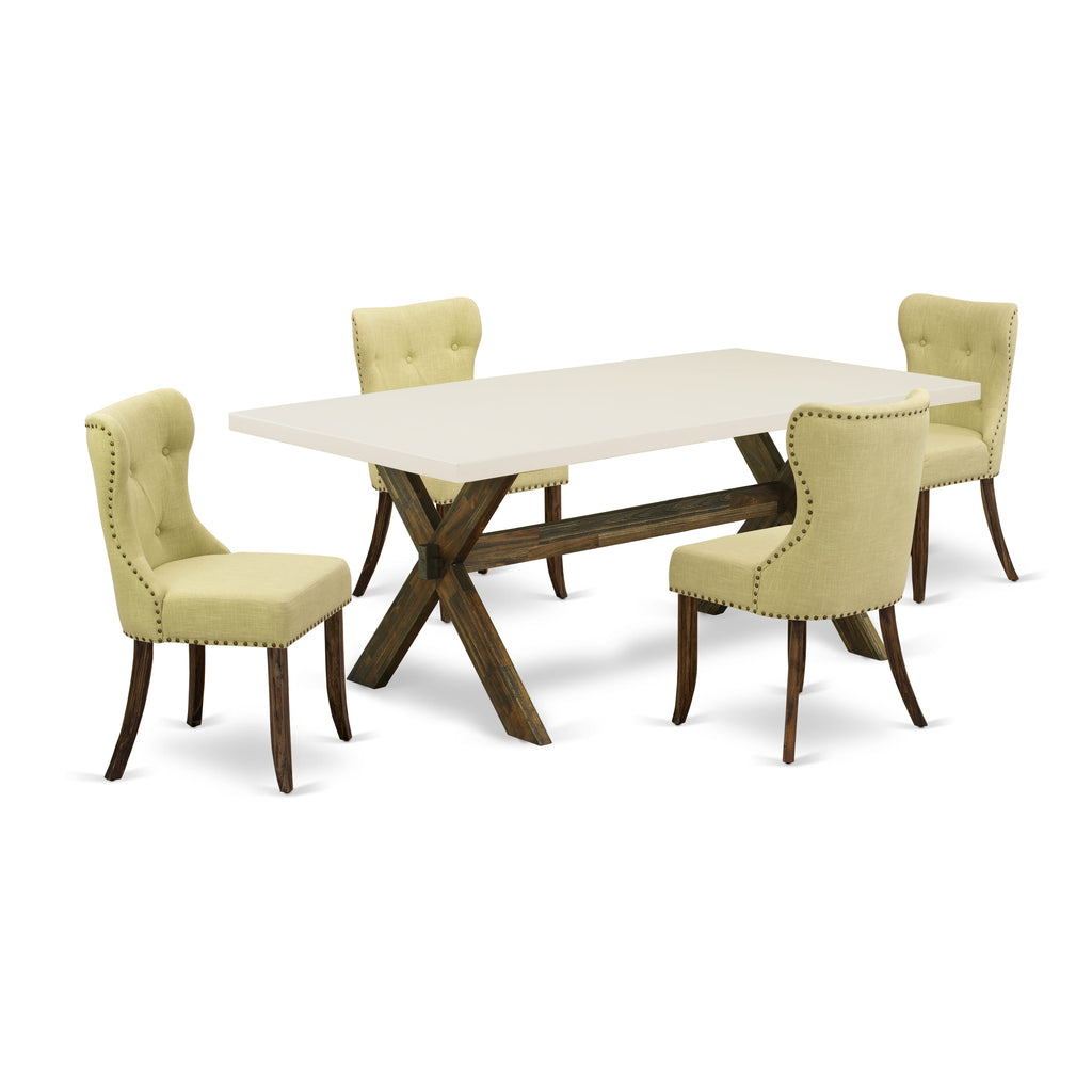 East West Furniture X727SI737-5 5 Piece Modern Dining Table Set Includes a Rectangle Wooden Table with X-Legs and 4 Limelight Linen Fabric Parson Dining Chairs