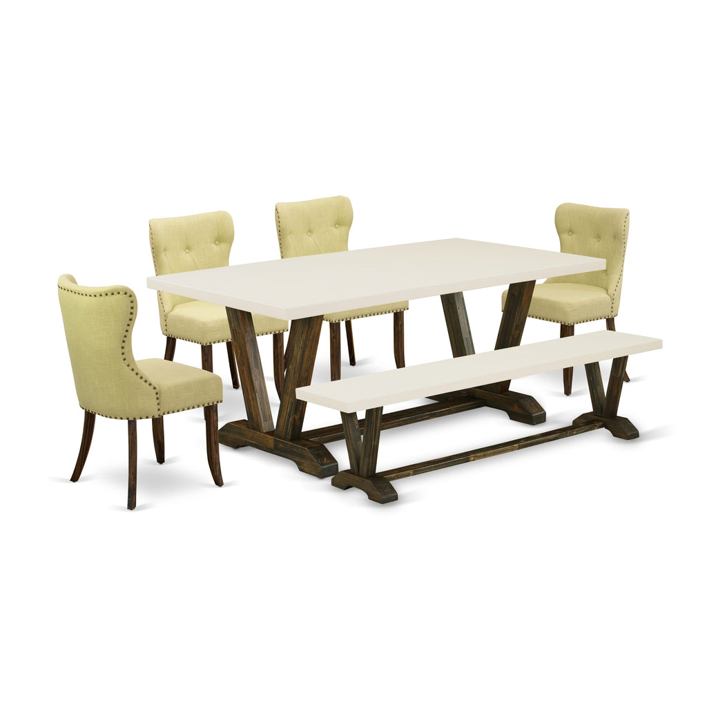 East West Furniture X727SI737-6 6-Piece Dining Table Set- 4 Dining Chairs with Limelight Linen Fabric Seat and Button Tufted Chair Back  Kitchen Table and Small Bench (linen white Finish)