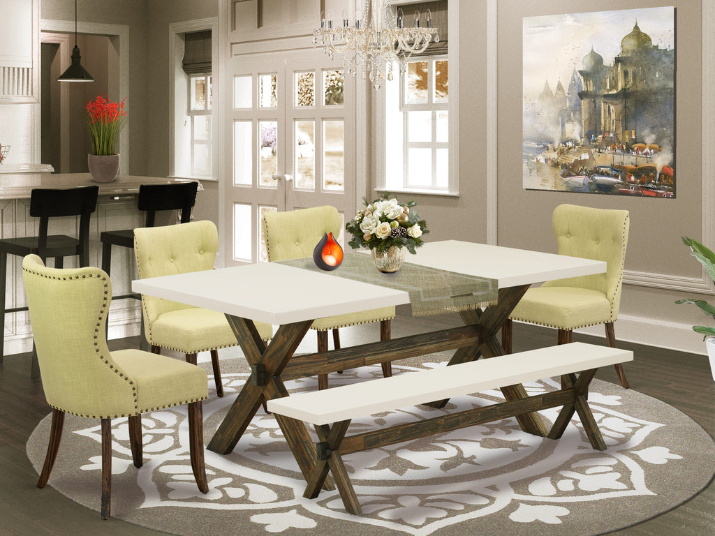 East West Furniture X727SI737-6 6-Piece Dining Table Set- 4 Dining Chairs with Limelight Linen Fabric Seat and Button Tufted Chair Back  Kitchen Table and Small Bench (linen white Finish)